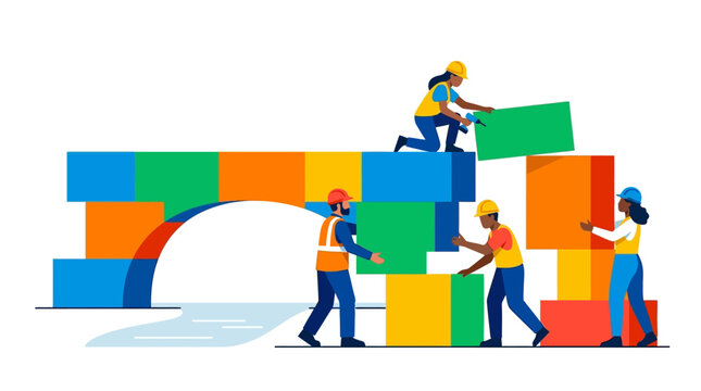 Collaborative Teamwork Illustration of diverse construction workers building a bridge with colorful geometric blocks, ideal for business strategy and corporate partnership concepts.