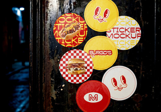 Round Sticker Set Mockup On Rustic Urban Wall Surface