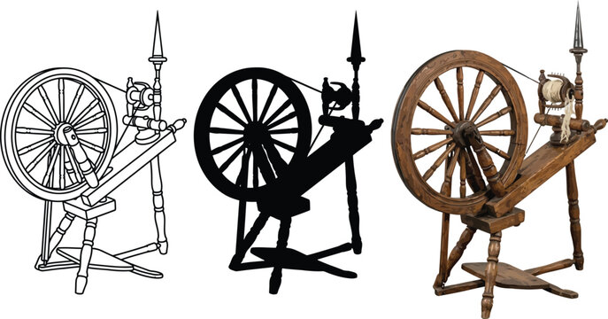 Traditional spinning wheel illustration set presented in outline silhouette and realistic styles ideal for craft and historical themes