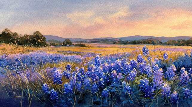 Pastel Sunset over a Bluebonnet Meadow in Texas Hill Country