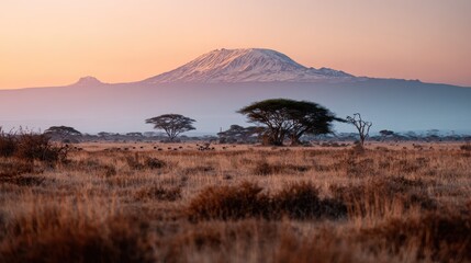 Fototapeta premium Snow-capped peak over endless plains with acacia trees at sunset
