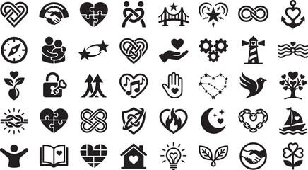 Fototapeta premium Mega Heart Icon Bundle with Conceptual Love Symbols Care Community Unity