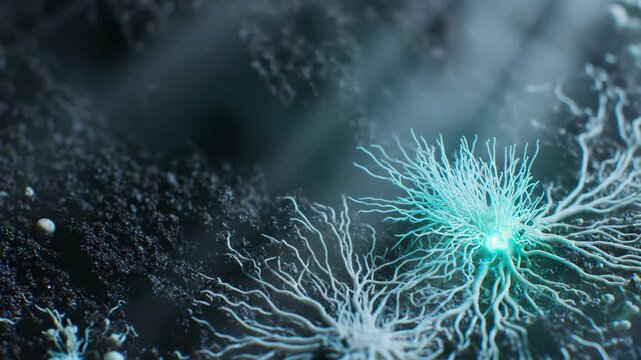 Mycelium network spreading across dark soil. Bioluminescent fungal growth expanding through organic matter. Microscopic biological structure for science research