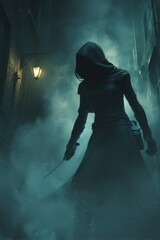 Obraz premium Silent rogue assassin silhouette lunging through mist toward a distant target in a cinematic fantasy world