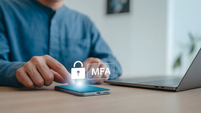 Professional user engaging in multi-factor authentication via smartphone for enhanced digital security, protecting sensitive data and ensuring secure online access in a contemporary office setting
