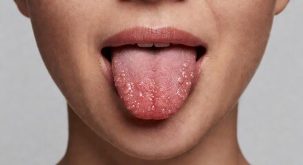 Fototapeta premium Highdetail depiction of a womans lower face and inflamed tongue with rashlike bumps isolated against a clean transparent backdrop emphasizing realistic skin details in a neutral