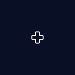 Fototapeta premium Minimalist medical cross icon vector, white outline plus sign on dark blue background, healthcare and pharmacy symbol for mobile app interface