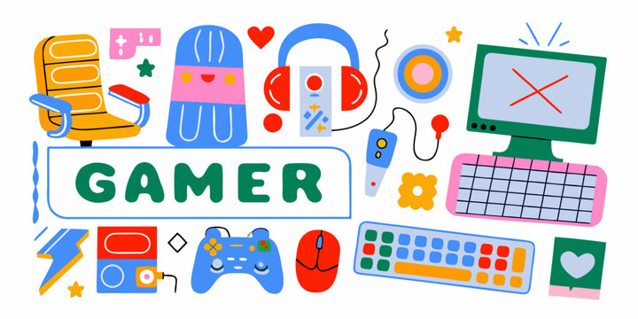 gamer gear collection vector illustration controller keyboard
