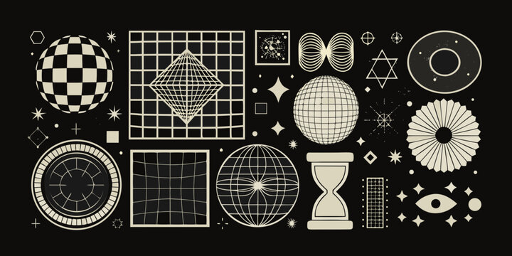 retro 3d wireframe objects on black background