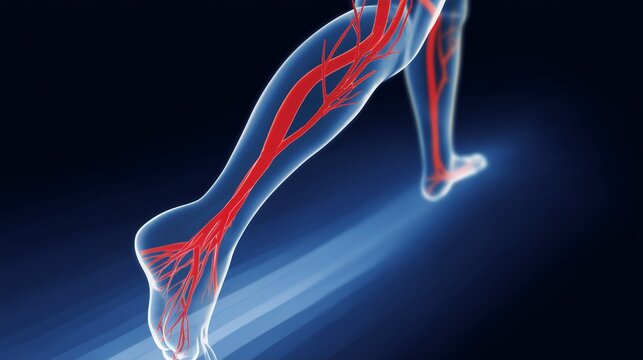 Peripheral arterial disease illustration shows leg arteries and blood flow in a clear visual representation of a limb model