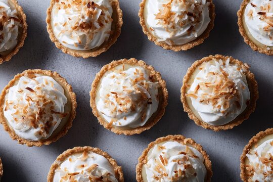 Symmetrical display of coconut cream pies arranged in a 2x3 grid with coconut topping on a neutral surface