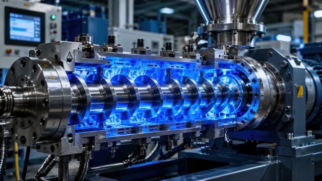 Industrial extruder machine operating inside manufacturing plant