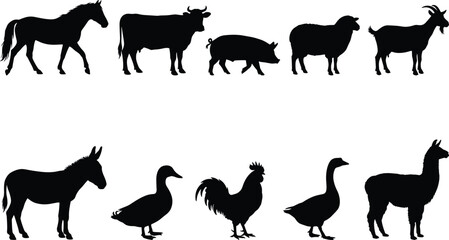 Fototapeta premium A collection of black silhouettes of farm animals on a white background, featuring various common livestock breeds