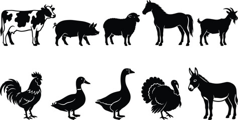 Fototapeta premium Collection of farm animal silhouettes including cows, pigs, sheep, goats, chickens, ducks, turkeys, and donkeys on a white background