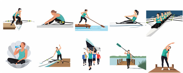 Collection of Women Rowing and Training Illustrations for Sports and Fitness Design © Sunny