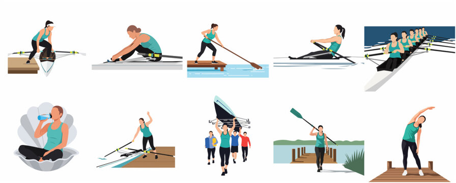 Collection of Women Rowing and Training Illustrations for Sports and Fitness Design
