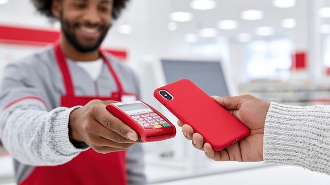 Customer tapping smartphone to card reader at store checkout counter