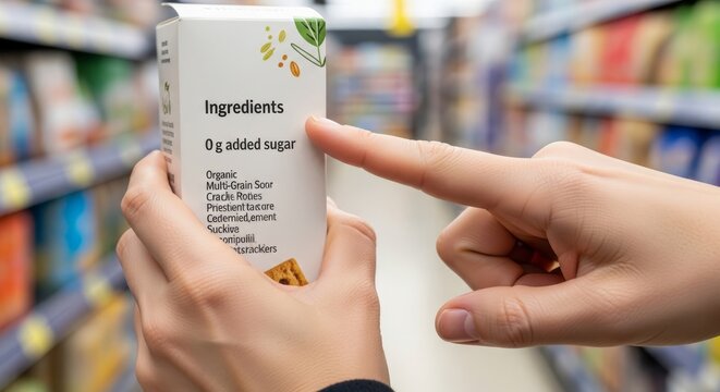 Woman reading ingredients on food package in supermarket. Healthy consumer checking nutrition label for sugar content. Choice of organic product in grocery store for dietary awareness.