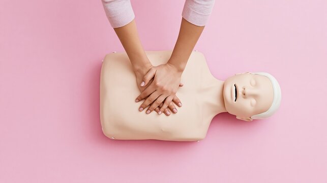 Hands performing cpr compressions on training manikin