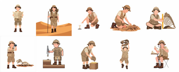 Collection of illustrations featuring a young boy archaeologist and paleontologist discovering dinosaur fossils and exploring the desert. © Sunny