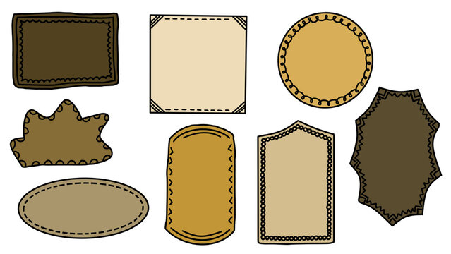 Set of hand-drawn vintage rustic frames and blank labels with decorative stitched borders in brown and beige doodle style. Sticker ideas, sticky note design.