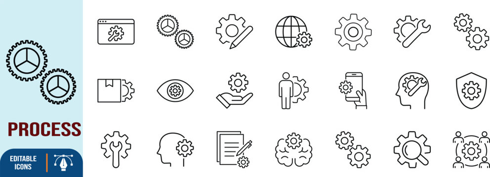 Technology process and settings icons. gear icon set, wrench icon set, globe icon set