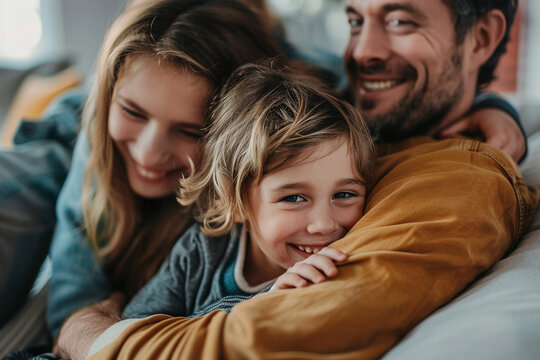 parents with child authentic portrait at home, happy family lifestyle moment, smiling kid with mother and father