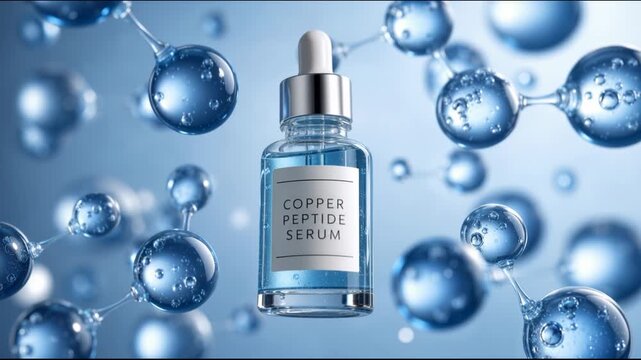 Copper peptide serum bottle with molecules, skin anti aging rejuvenation