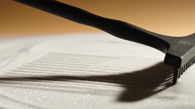 Wooden rake creating lines in white sand. Zen garden tool grooming textured surface. Concept of mindfulness and meditation for stress relief and mental focus