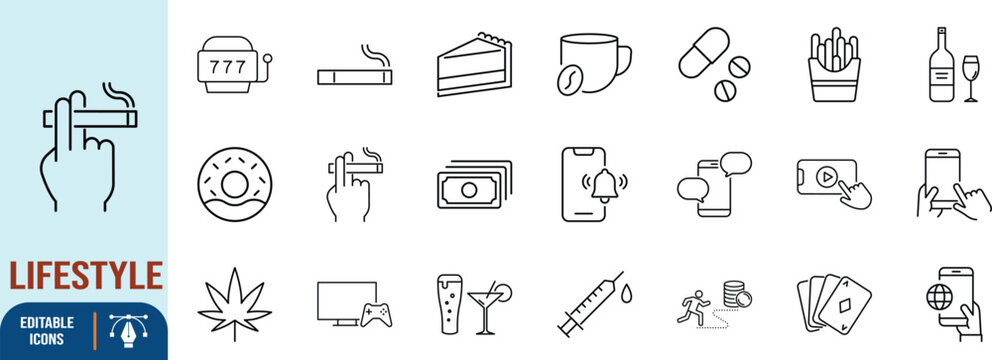 Human lifestyle habits vector icons. cigarette icon set, pills icon set, smartphone icon set