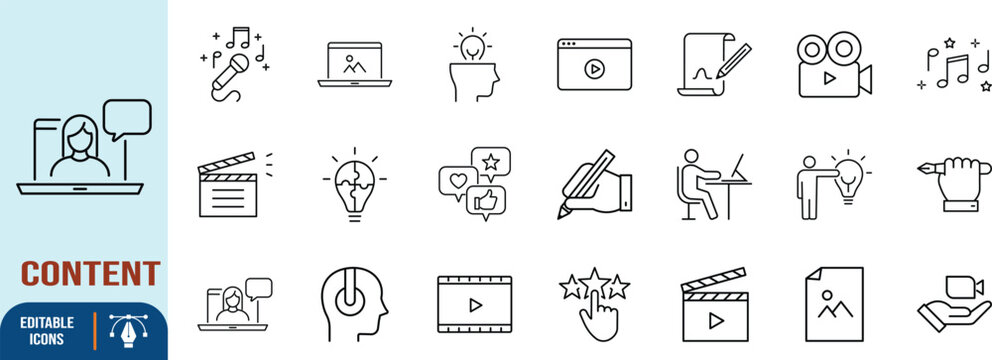 Content creation digital media icons. microphone icon set, clapperboard icon set, laptop icon set