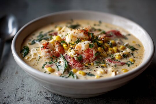 Seafood chowder featuring crab and shrimp with corn in a white bowl on gray concrete background for advertising visuals
