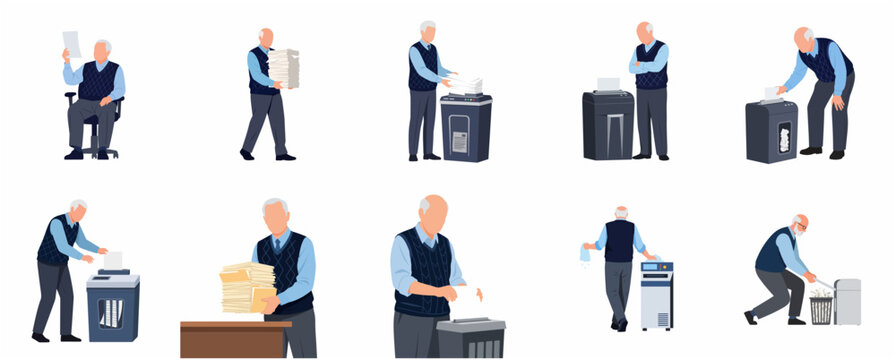 Elderly man shredding documents and managing paper stacks character set in flat illustration style