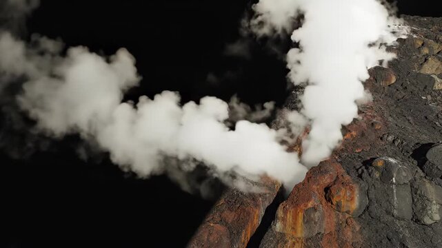 Steam rising from a volcanic vent on rocky ground. Geothermal activity emitting water vapor into dark air. Natural geological phenomenon and energy source study