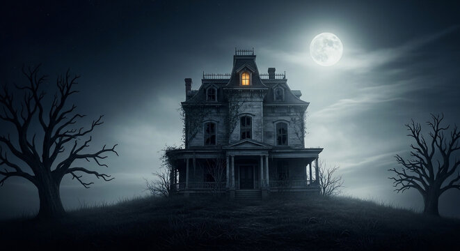 Spooky haunted Victorian mansion on a hill under a full moon at night, surrounded by bare trees and mist, scary atmosphere.
