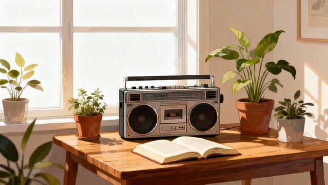 Vintage radio on wooden table with plants