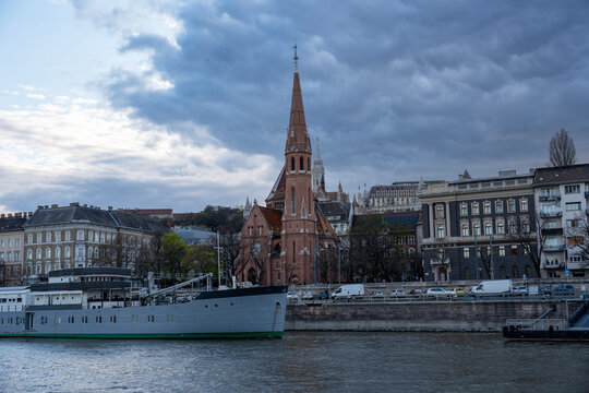 Reformed Calvinist Church on Szilagyi Dezso Square is protestant church in Budapest, Hungary, on bank of Danube river, Europe