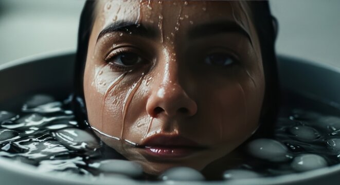 Woman submerged in ice bath for vagus nerve stimulation. Cold water immersion therapy for stress relief and nervous system regulation. Wellness practice for physical and mental recovery.