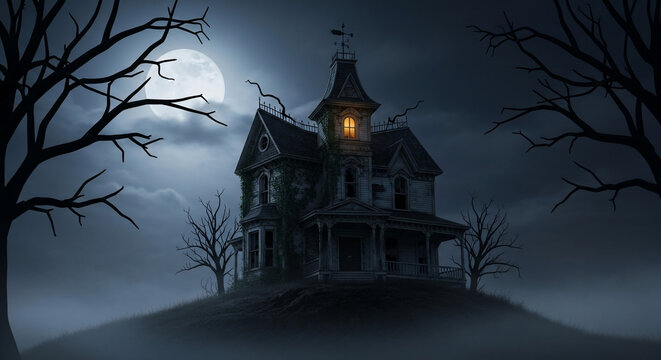 Eerie Victorian Haunted House on a Misty Hill at Night under a Full Moon. Spooky Abandoned Mansion for Halloween