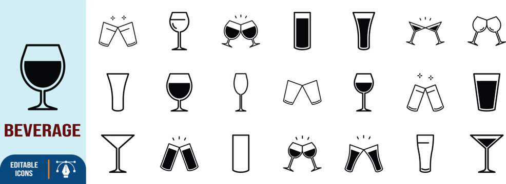 Drinks glasses vector icons. wine icon set, beer icon set, cocktail icon set