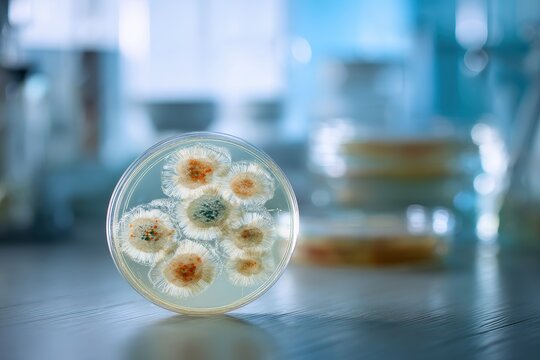Macro photograph of a petri dish with fungal colonies on agar