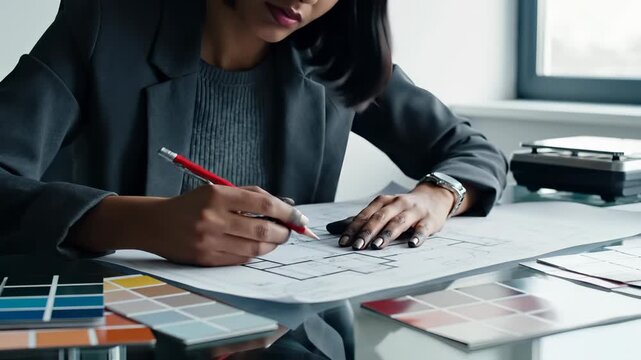 Professional interior designer draws on a blueprint in a bright office. Female architect uses a pencil for planning. Focused architect works on a floor plan with color swatches on her desk.