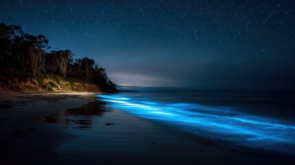 Fototapeta premium Tranquil night seascape featuring bioluminescence along a secluded Australian coastline