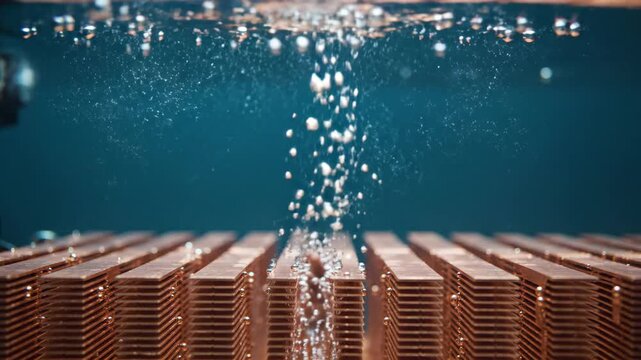 Copper radiator submerged in liquid for immersion cooling. Computer component heat sink cooling process in coolant. Advanced thermal management technology for hardware