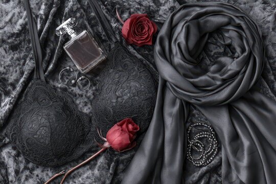 Elegant black lace lingerie set with perfume, jewelry, and roses on a luxurious velvet background.