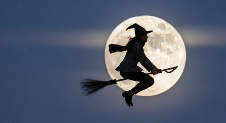Silhouette of a mystical witch flying on a broomstick against a bright full moon in a dark night sky, Halloween fantasy