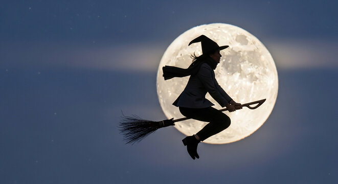 Silhouette of a mystical witch flying on a broomstick against a bright full moon in a dark night sky, Halloween fantasy