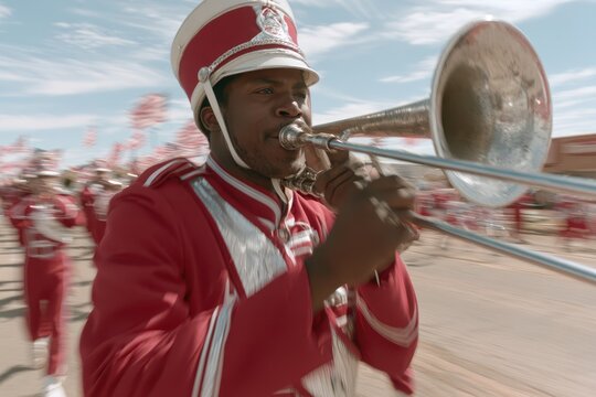 A Black man in a marching band uniform plays the trombone during a parade with motion blur effect.