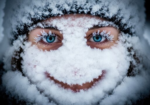 Closeup of a persons face covered in snow, with blue eyes and frosty eyelashes, forming a happy smile, symbolizing winter joy and cold weather fun