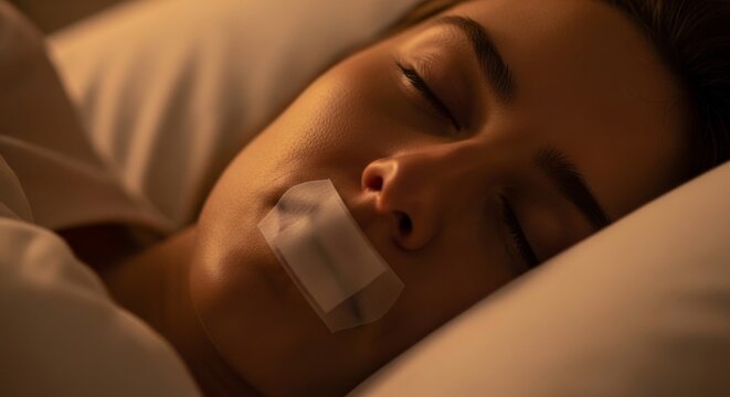 Woman using mouth tape for sleep in bed at night. Girl practicing mouth taping method for healthy breathing and snoring relief. Nighttime wellness habit and sleep hygiene routine.